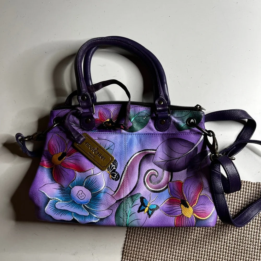 Anuschka Hand Painted Leather Satchel Purple Floral Butterfly Crossbody Bag